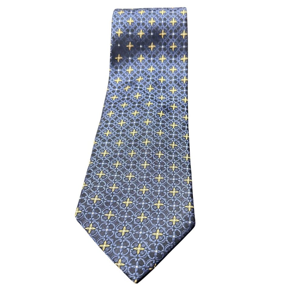 Vintage Barneys New York 100% Silk Geometric Pattern Tie Navy Blue & Gold 58”